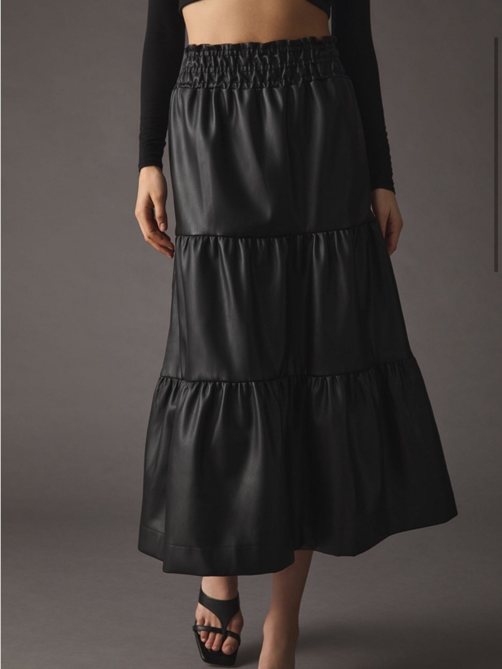 Anthropologie Black Tiered Faux-Leather Maxi Skirt - Somerset XL Petite